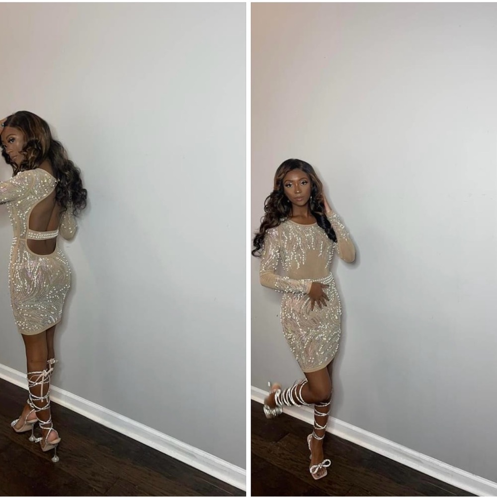 Mesh nude dress with rhinestones and pearls